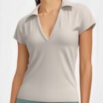 Women's V-Neck Polo Shirt with Short Sleeves running — custom OEM activewear by New Dong Huang