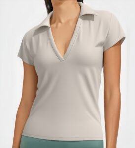 Women's V-Neck Polo Shirt with Short Sleeves running — custom OEM activewear by New Dong Huang