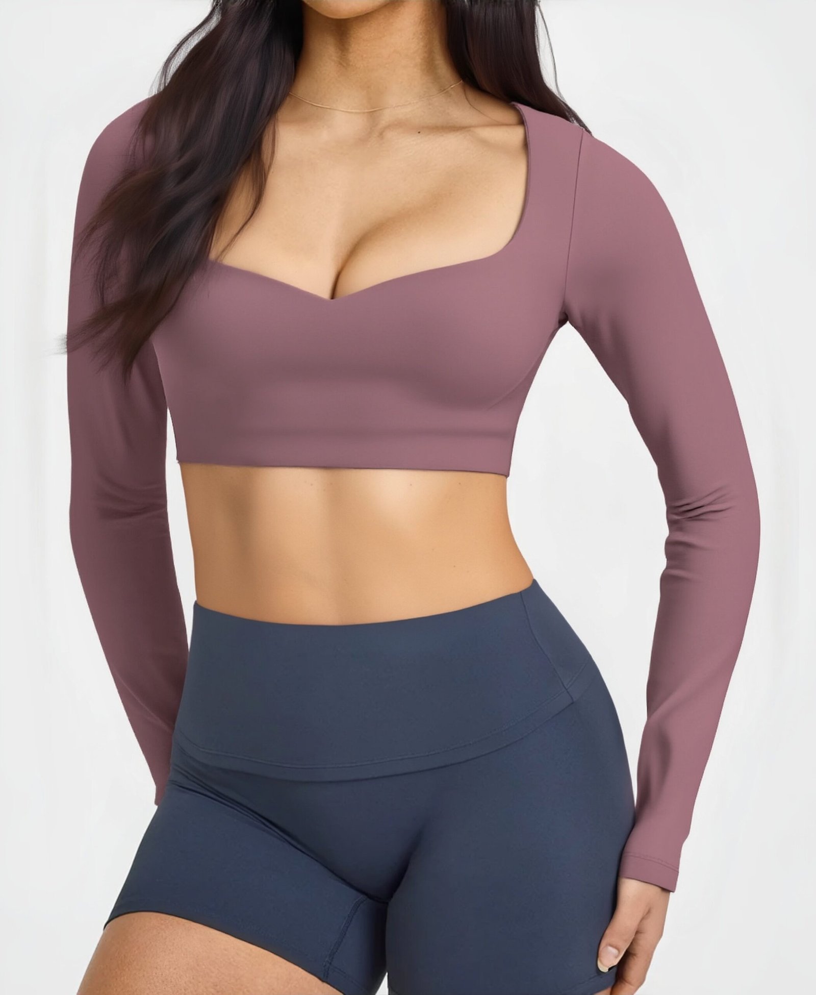 Women's Long Sleeve Crop Top with Sweetheart Neckline yoga — custom OEM activewear by New Dong Huang