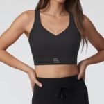 Women's V-Neck Racerback Sports Bra with Wide Band running — custom OEM activewear by New Dong Huang