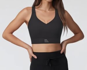 Women's V-Neck Racerback Sports Bra with Wide Band running — custom OEM activewear by New Dong Huang