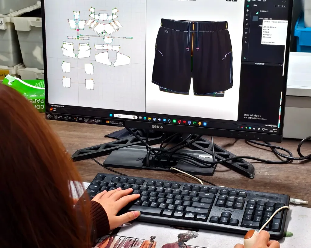 Pattern maker adjusting a running short in 3D software at New Dong Huang